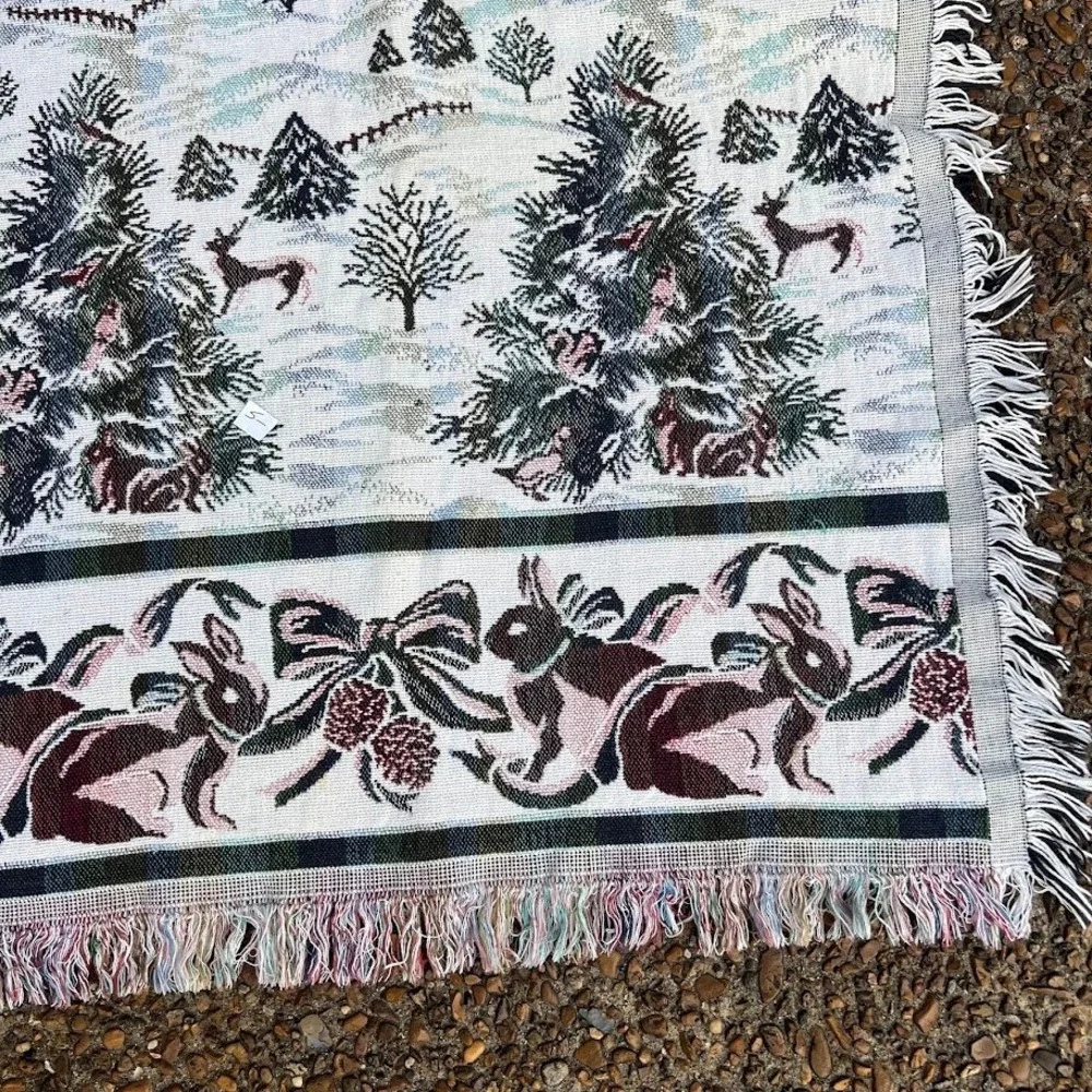 Vintage Winter Woodland Woven Tapestry Throw Blanket Christmas Trees Deer Rabbit